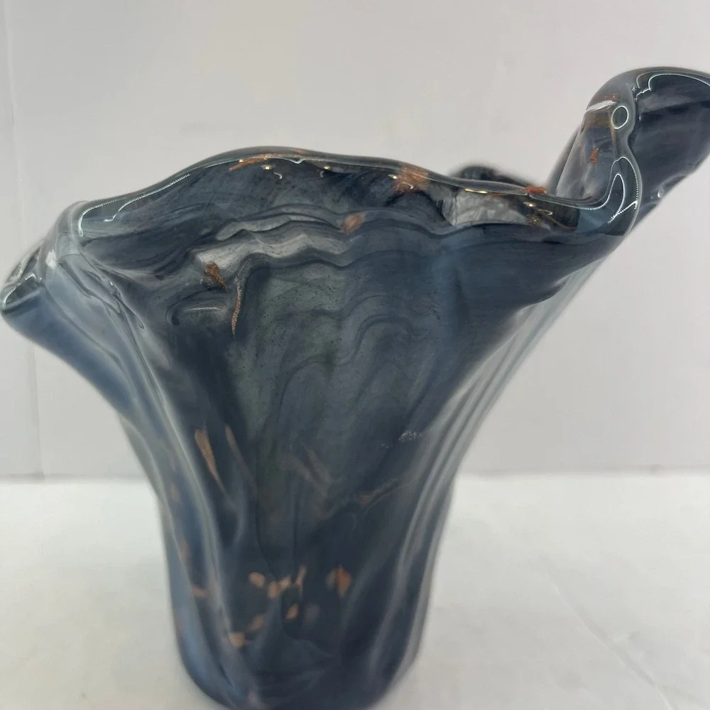 Vintage‎ Murano Style Handkerchief Art Glass Vase Blue Gray Copper Fleck Ruffle